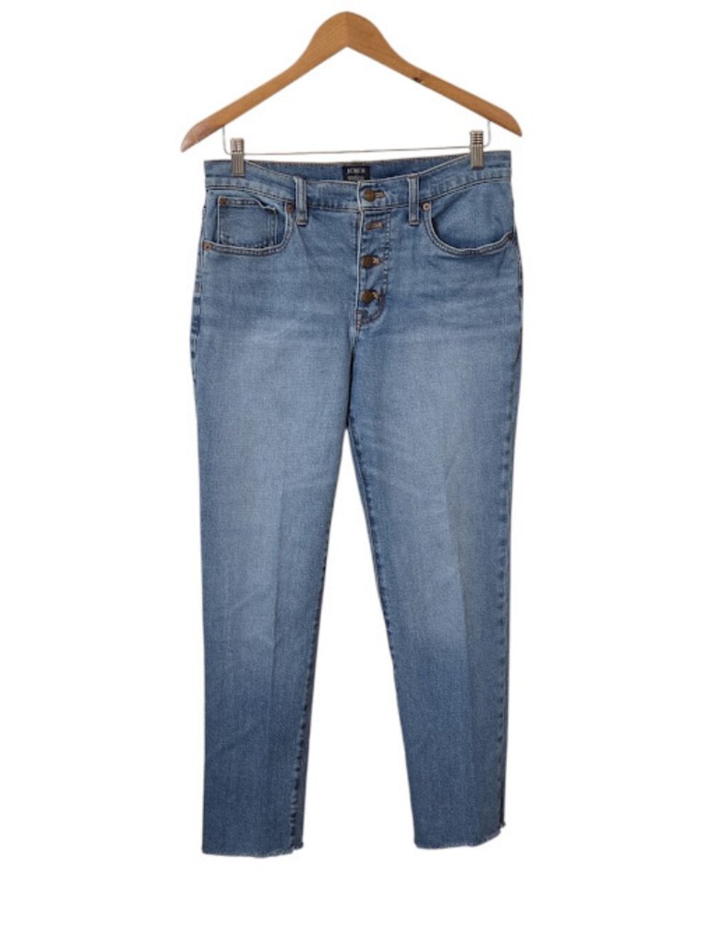 J.CREW Essential Straight Jeans Women's 29 Blue Raw Hem Button Fly Stretch EUC